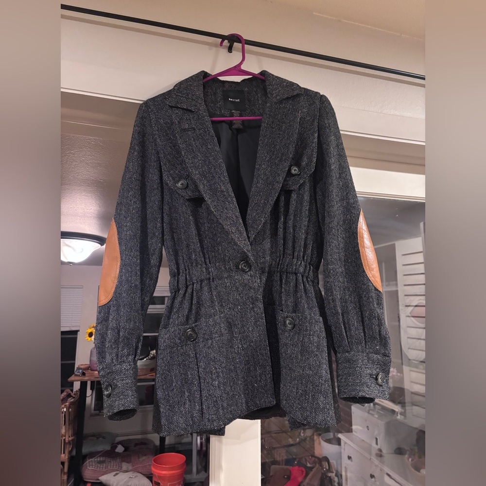 SMYTHE Women's Extra Small Gray Wool Spencer Jacket with Tan Leather Accents
